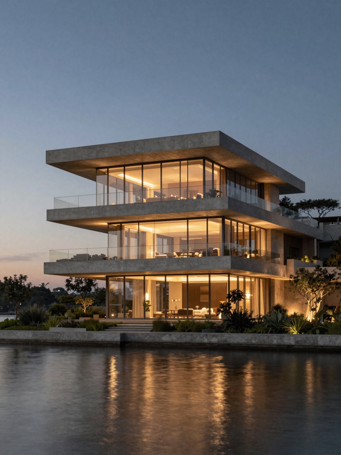 Custom waterfront residence at twilight