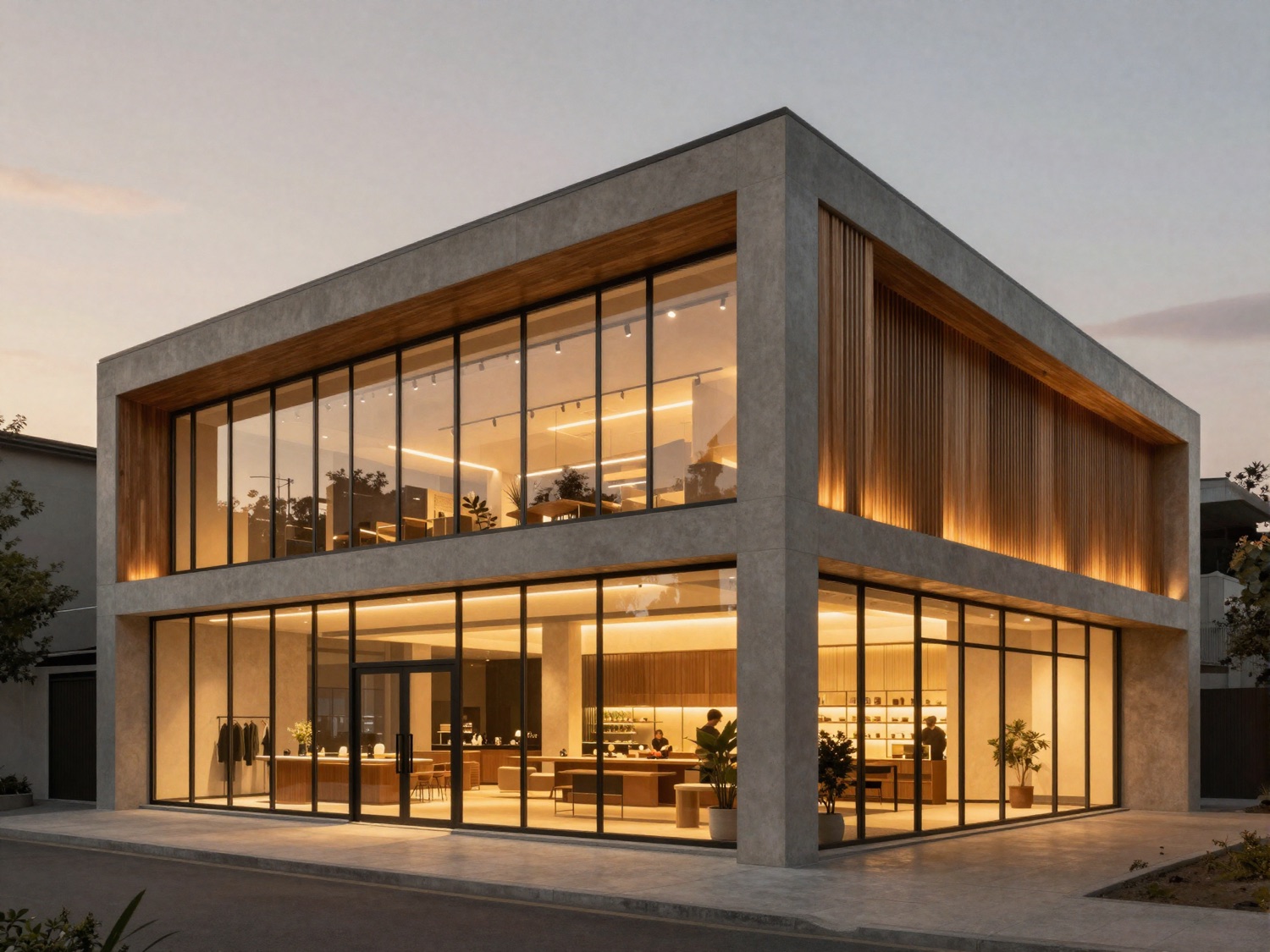 Modern commercial building at dusk