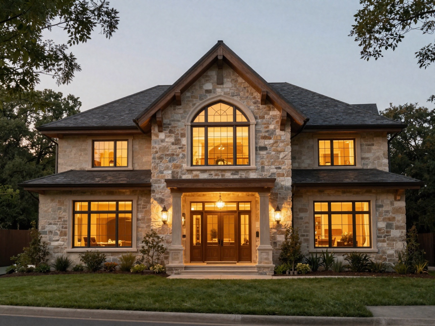 Custom stone family home at dusk