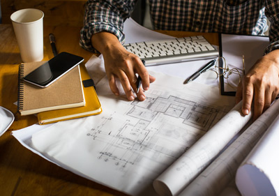 Hands drafting a building drawing at the table