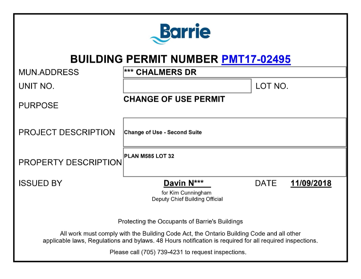 City of Barrie building permit issued for a change of use second suite