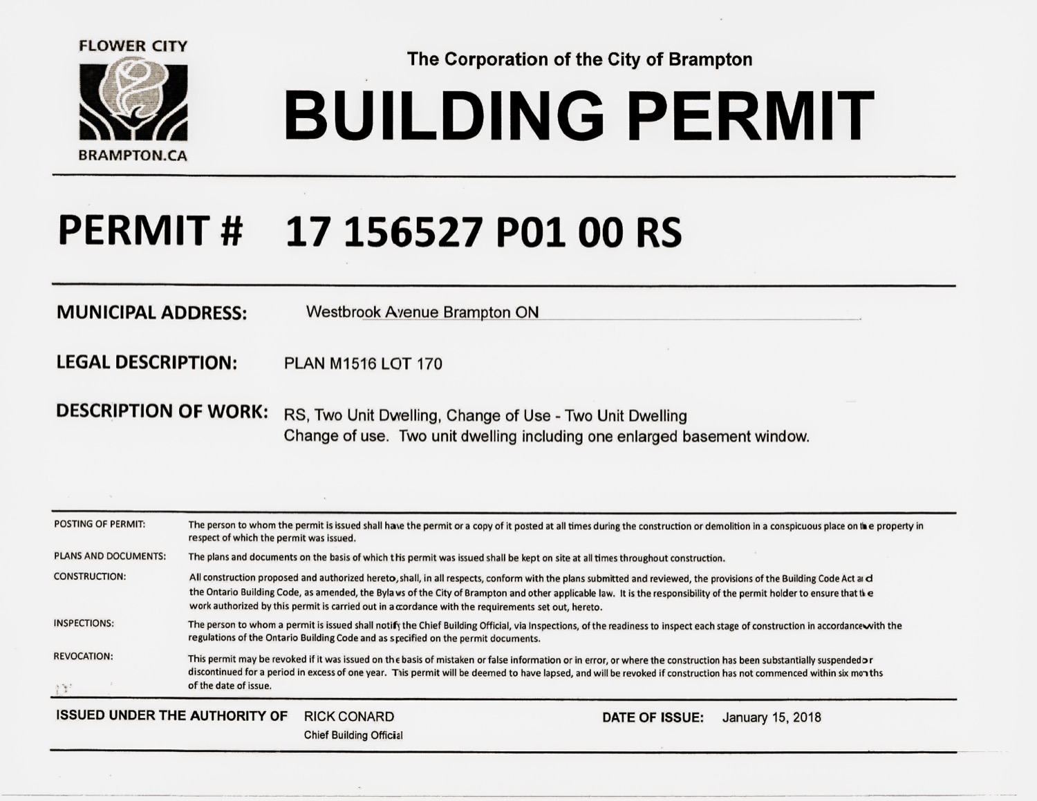 City of Brampton building permit issued for a two unit dwelling