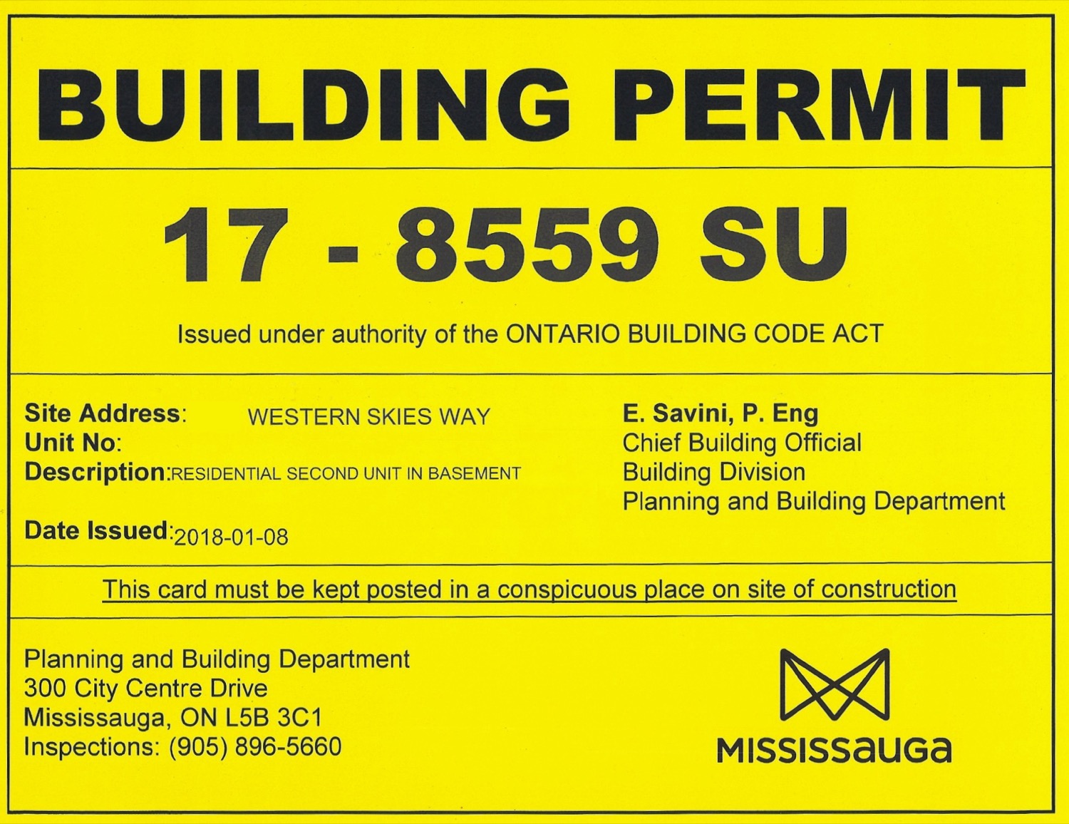 City of Mississauga building permit for a residential second unit in basement