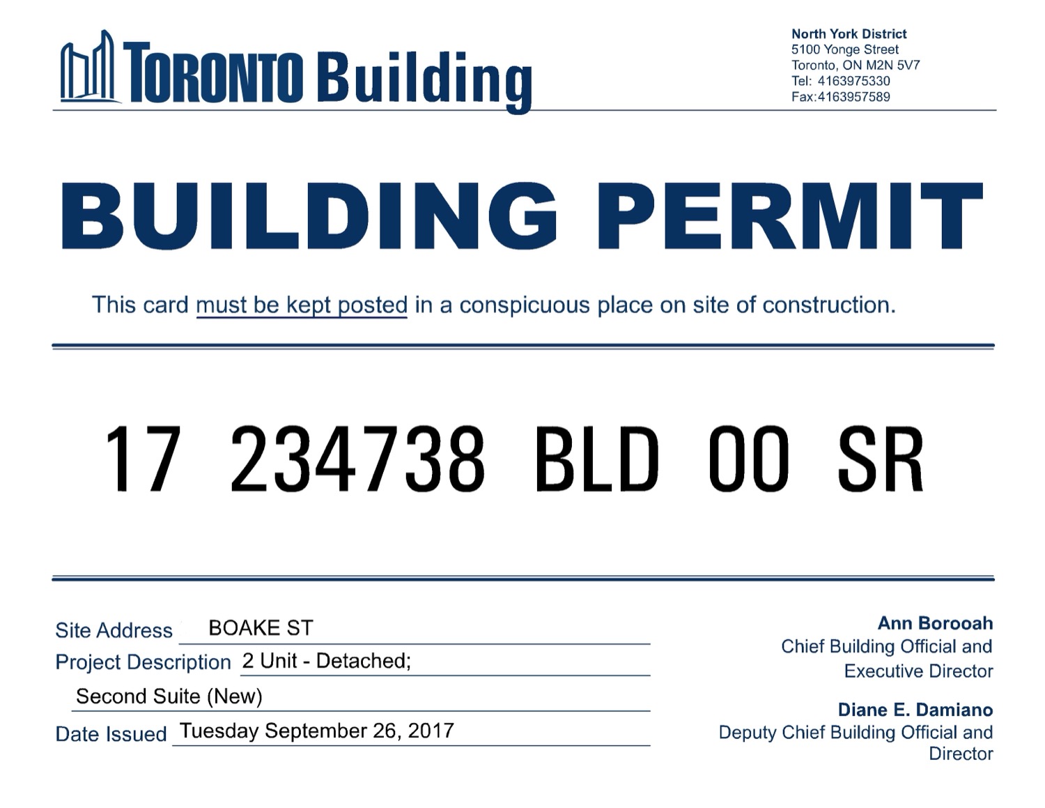 City of Toronto building permit issued for a second suite