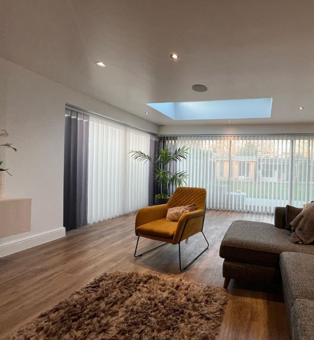 Living room with custom-fitted vertical sheers