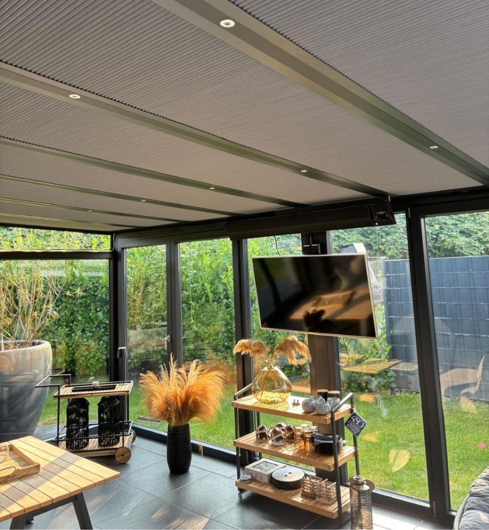 Conservatory sunroom with shades